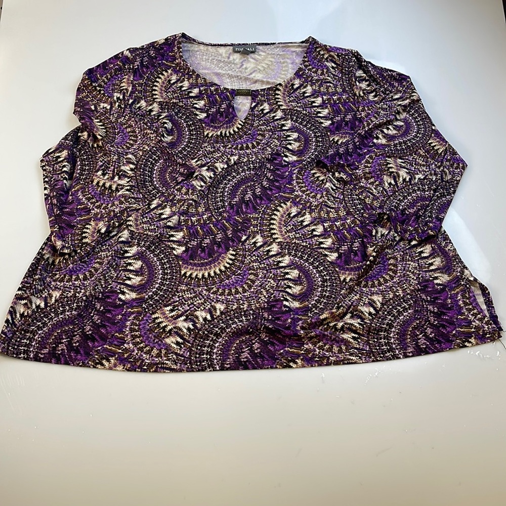 ROZ & ALI Size Women Top Blouse Purple Tan Print 3/4 Sleeve X22-32 - Picture 1 of 6